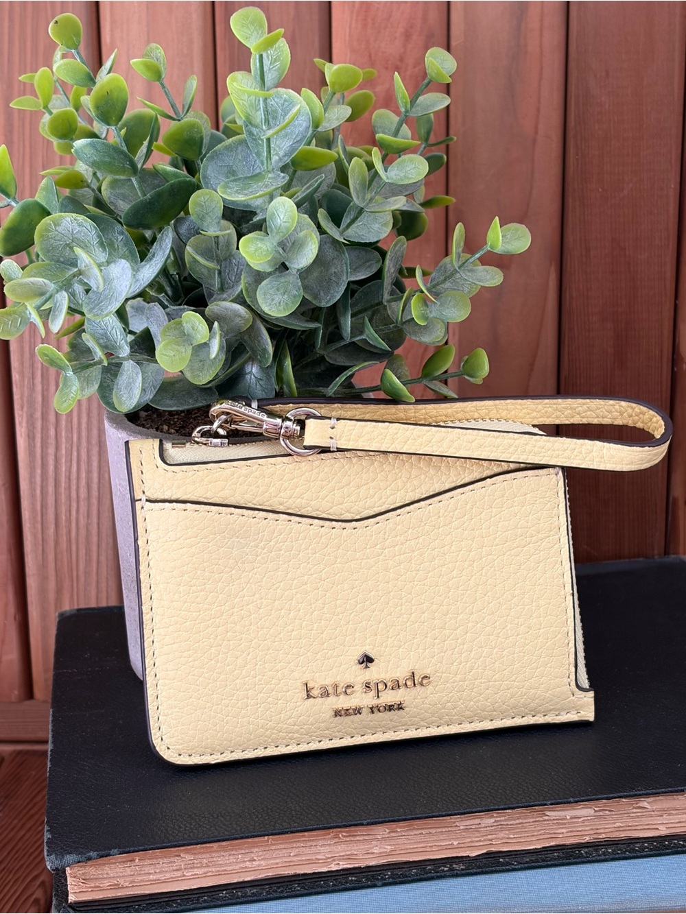kate spade Pebbled Leather Wristlet Card Case in Yellow with Gold Hardware